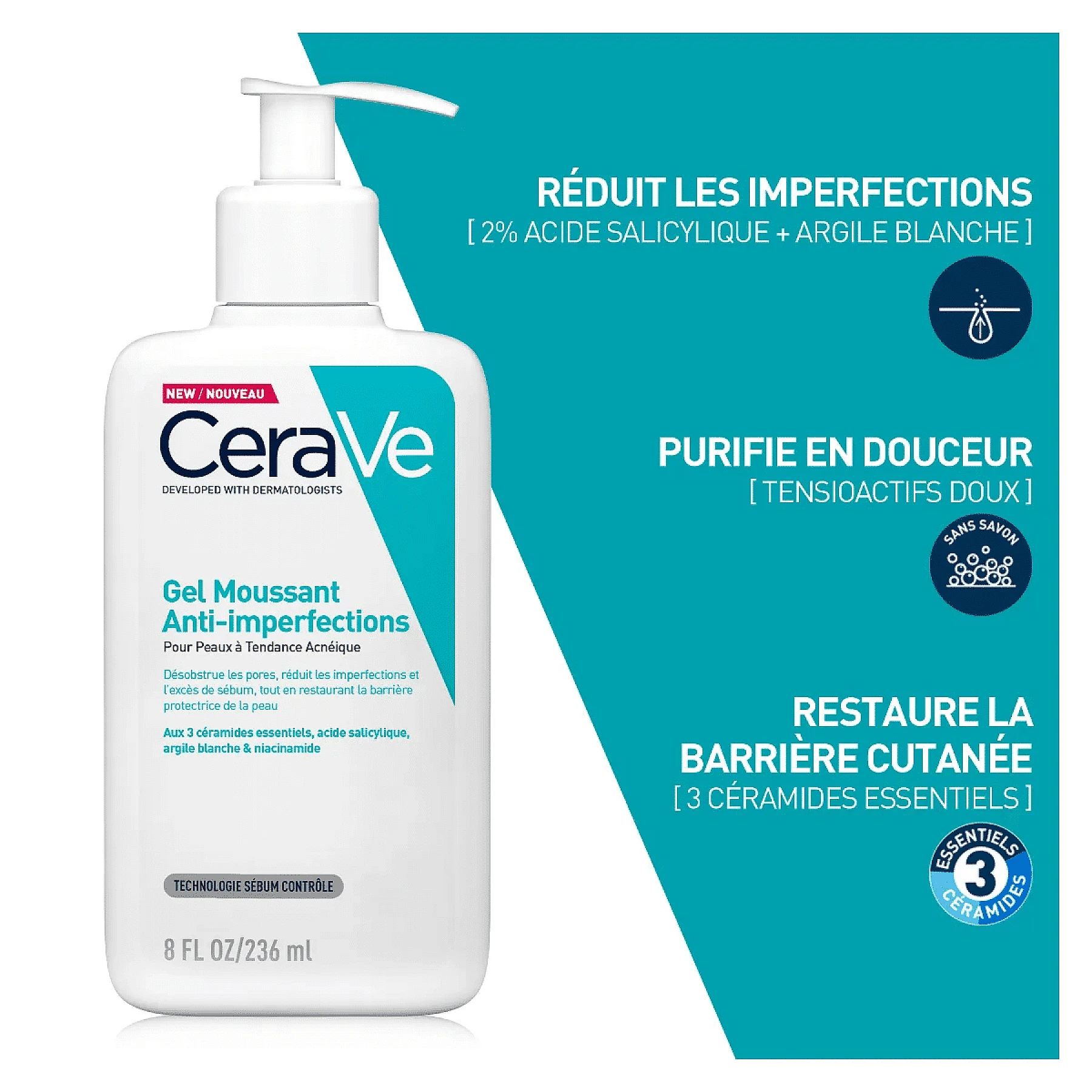 CeraVe Gel Moussant Anti-Imperfections Peaux à Tendance Acnéique 236 ml – CERAVE 236ML