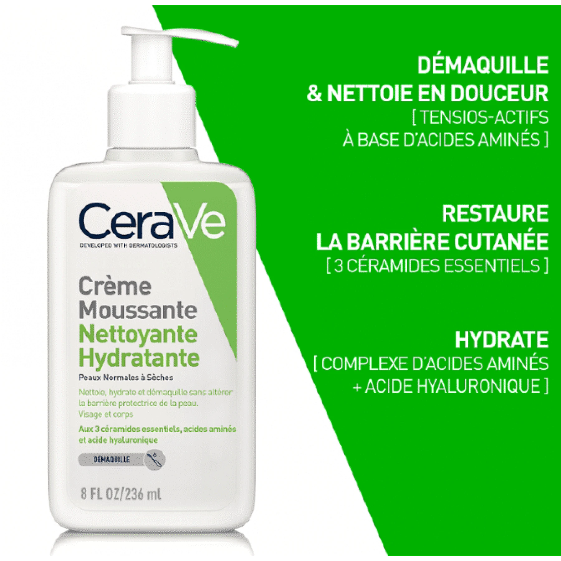 CeraVe – Crème Moussante Nettoyante Hydratante Visage pour les Peaux Normales à Sèches 236ml 473ml