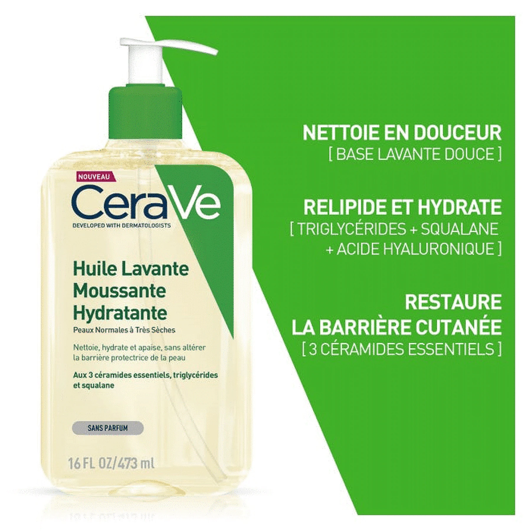 Cerave Huile Lavante Moussante et Hydratante Peaux Normales à Très Sèches 473ml